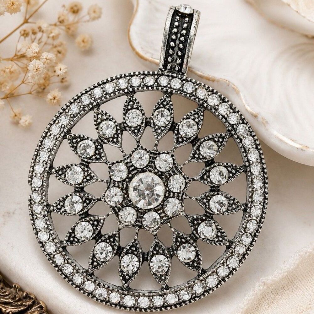 Vintage Art Deco Style Rhinestone Pendant Silver Tone Statement Charm 2"